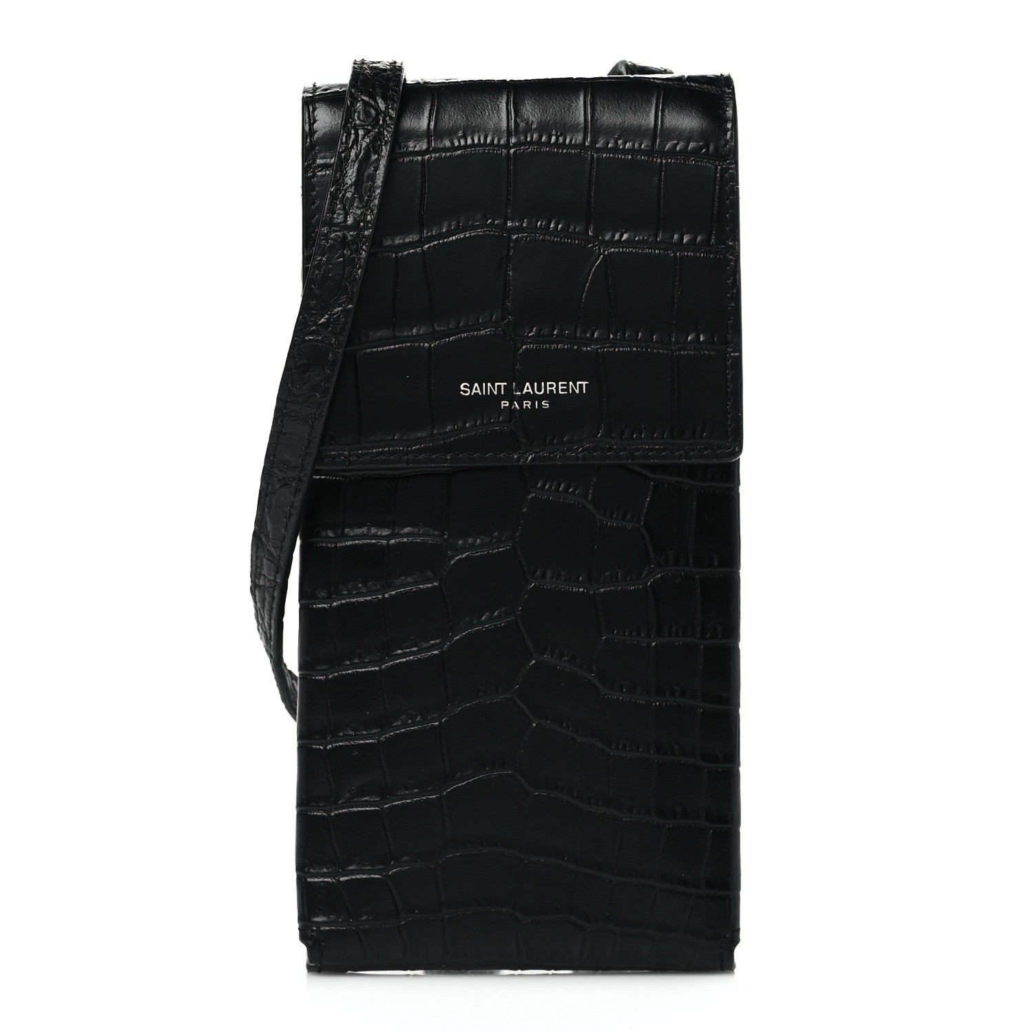 Saint Laurent Calfskin Crocodile Embossed Phone Holder Crossbody Black 1 of 9