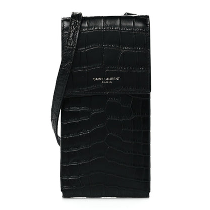 Saint Laurent Calfskin Crocodile Embossed Phone Holder Crossbody Black 1 of 9