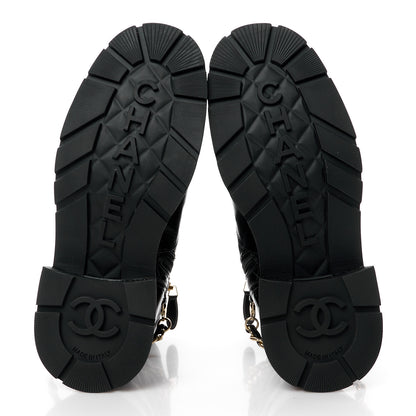 Chanel Shiny Calfskin Patent Quilted Chain Lace Up Combat Boots 35.5 Black 5 of 10