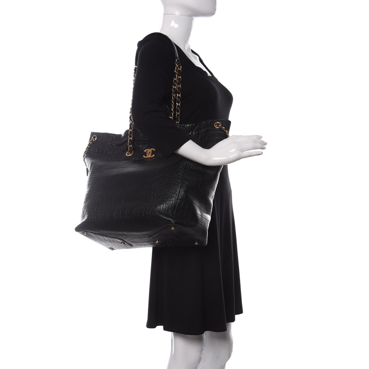 Calfskin Crocodile Embossed Large Cocodile Shopping Tote Black
