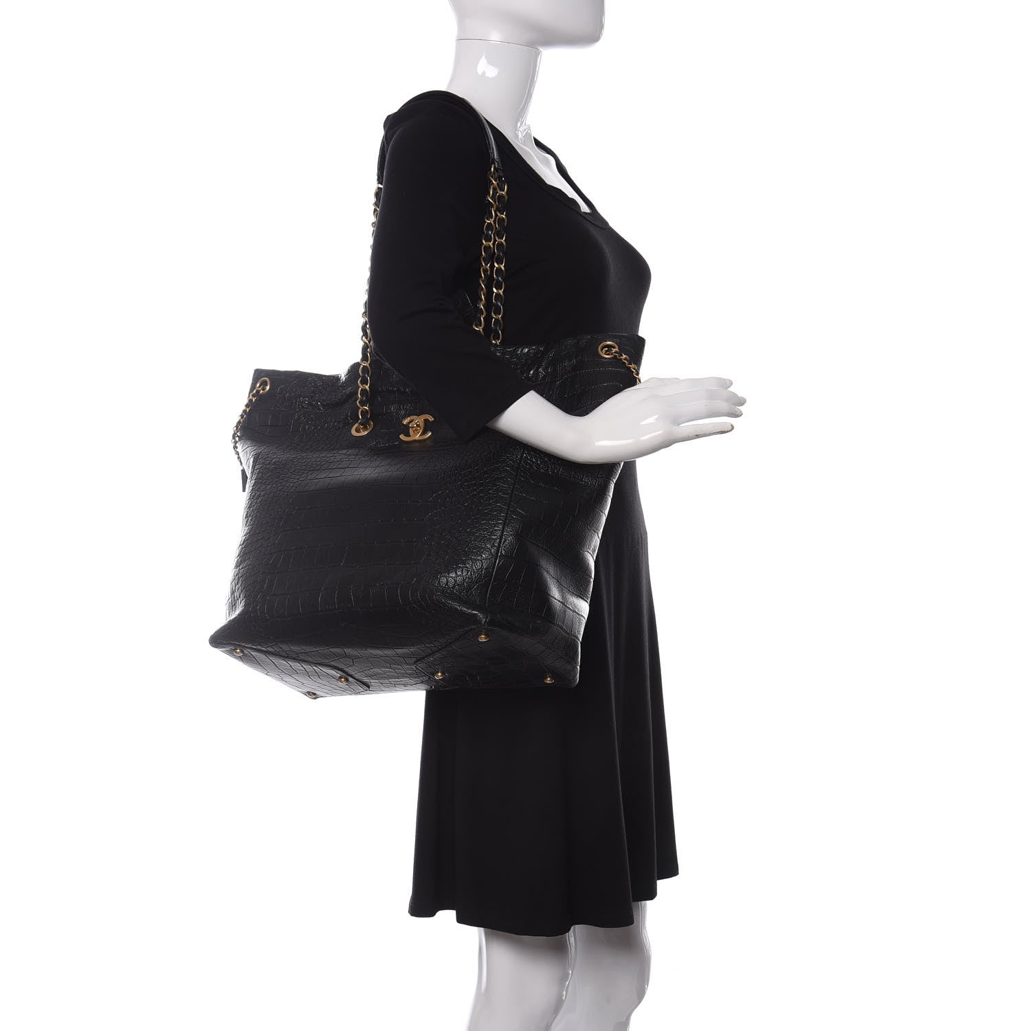 Chanel Calfskin Crocodile Embossed Large Cocodile Shopping Tote Black 2 of 10