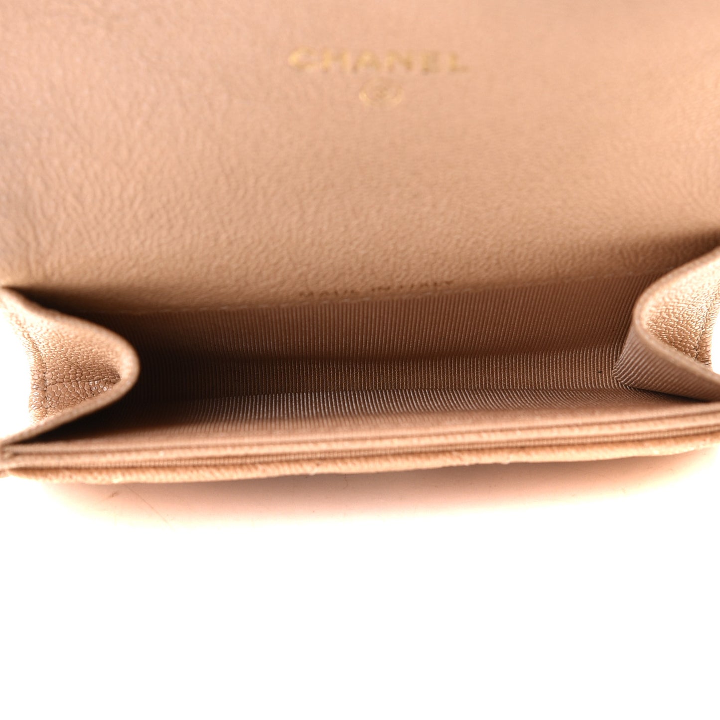 Iridescent Caviar Quilted Flap Card Holder Beige