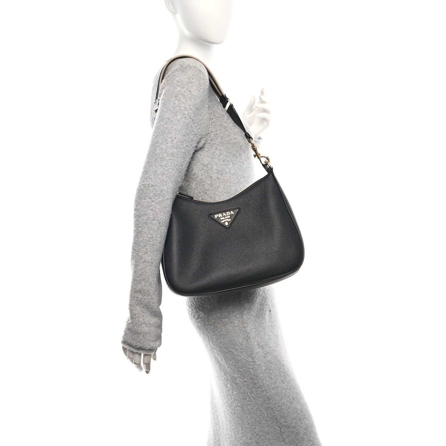 Prada Vitello Daino Soft Zippered Hobo Shoulder Bag Black 1769515