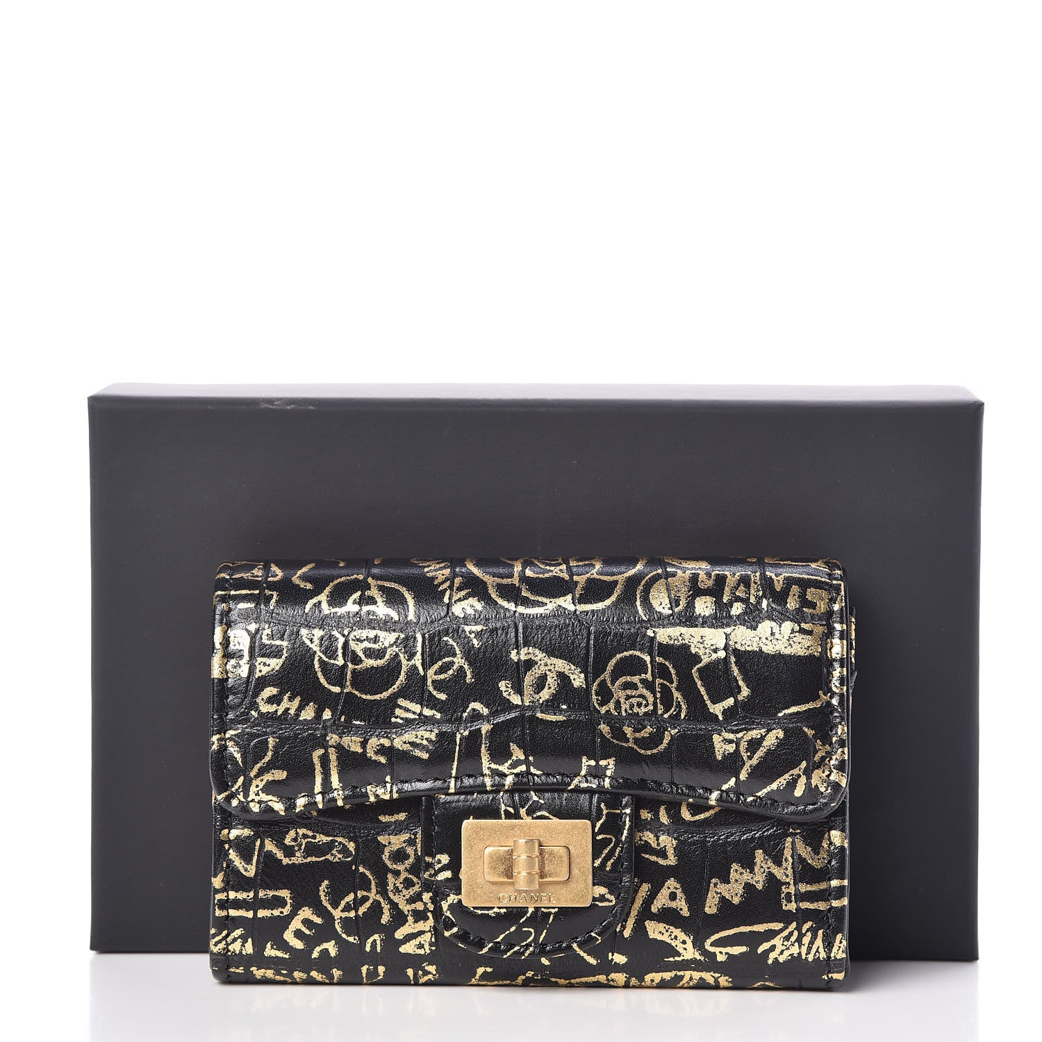 Chanel Calfskin Crocodile Embossed Graffiti 2.55 Cocodile Reissue Flap Card Holder Black Gold 9 of 9