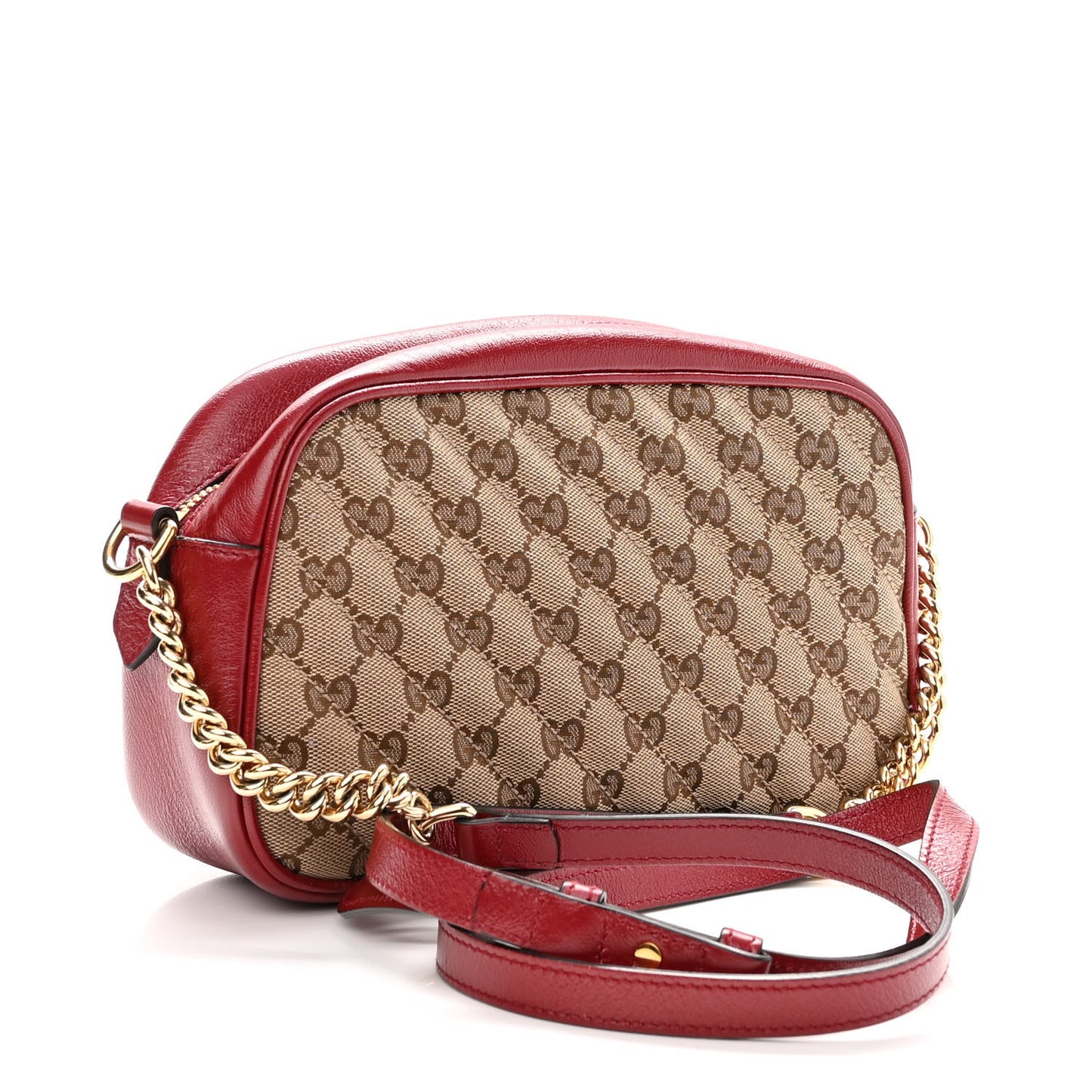 Monogram Azalea Calfskin Matelasse Diagonal Small GG Marmont Chain Shoulder Bag Beige Ebony New Cherry Red