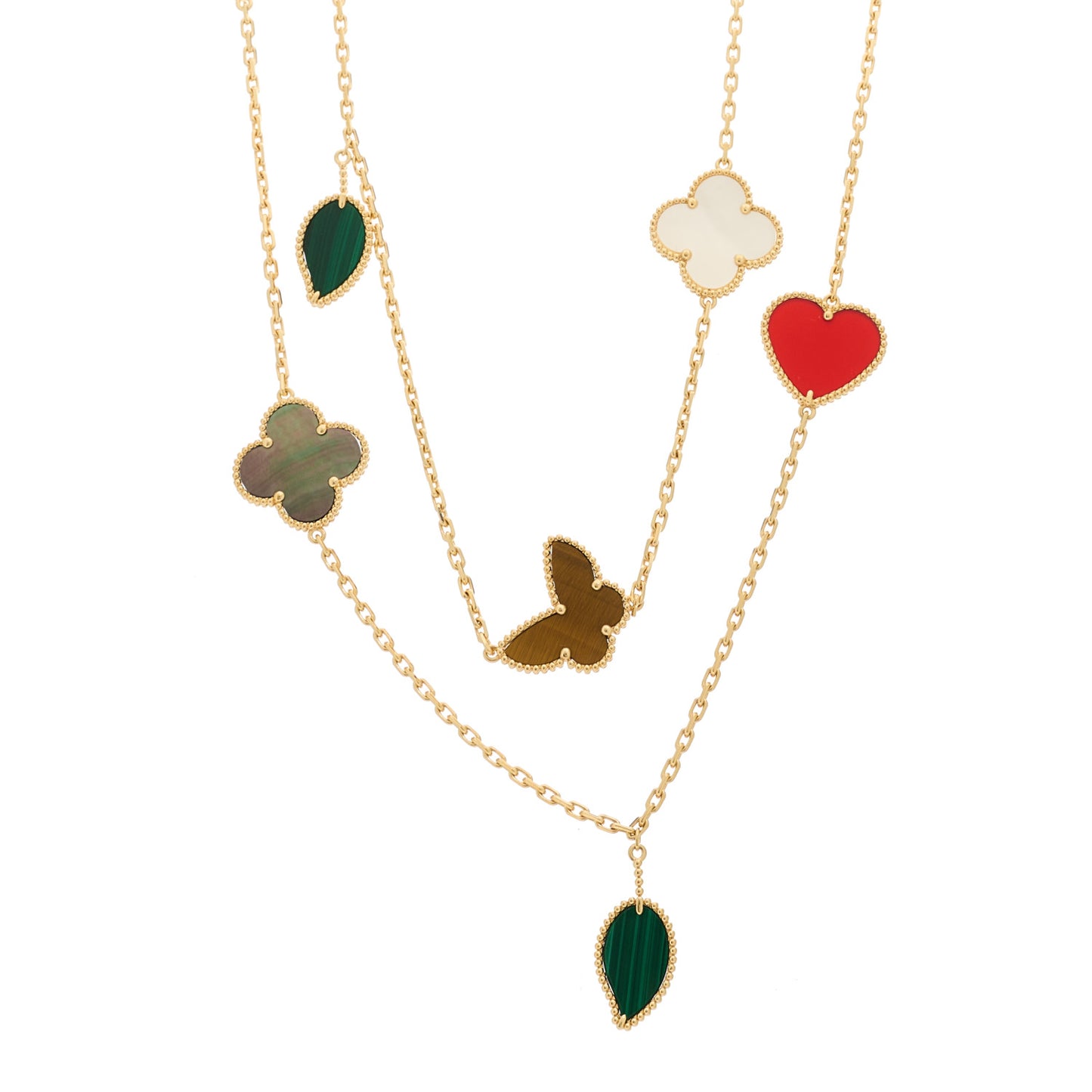 18K Yellow Gold Mother of Pearl Malachite Carnelian Tiger Eye 12 Motif Lucky Alhambra Necklace
