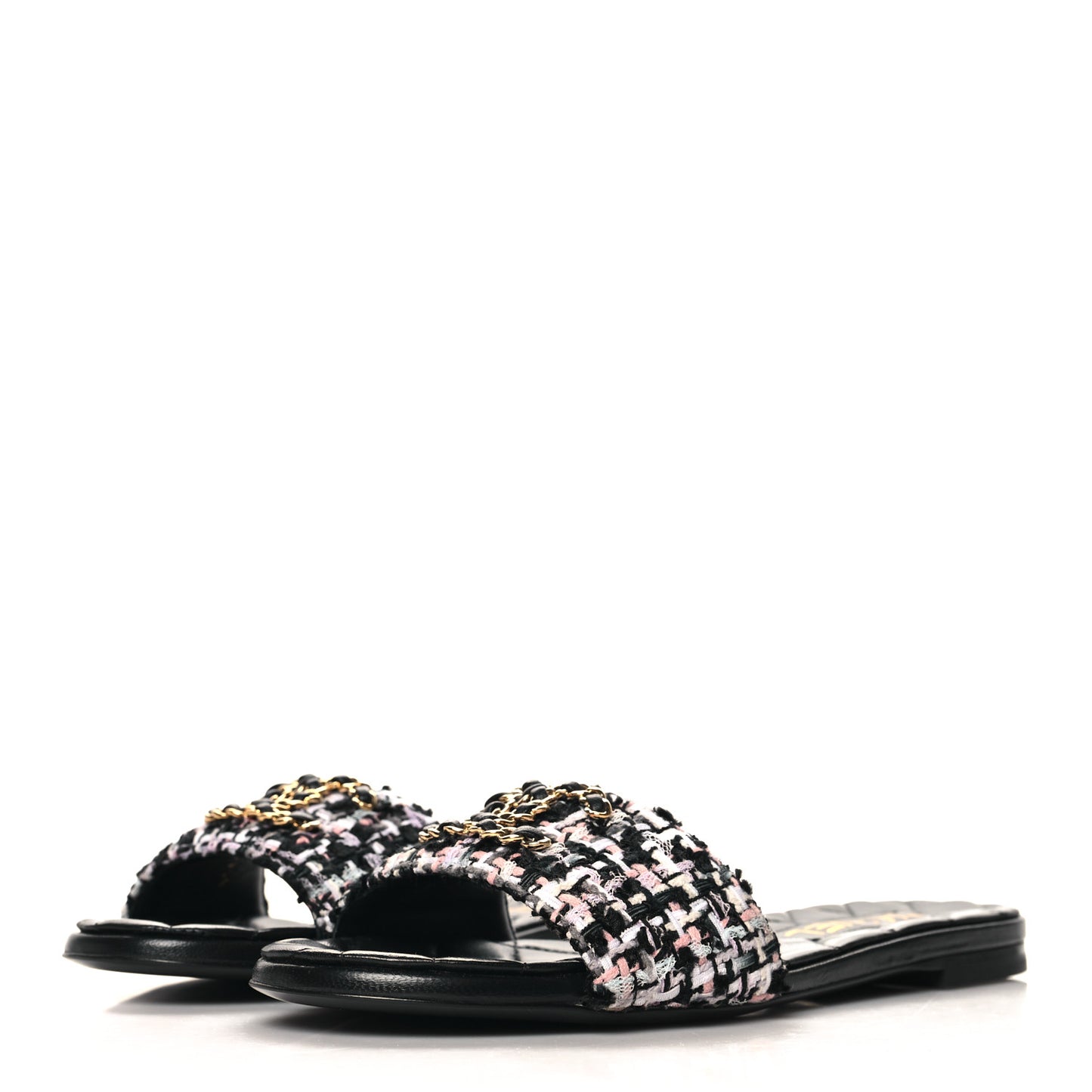 Tweed CC Chain Mule Sandals 37.5 Black Multicolor