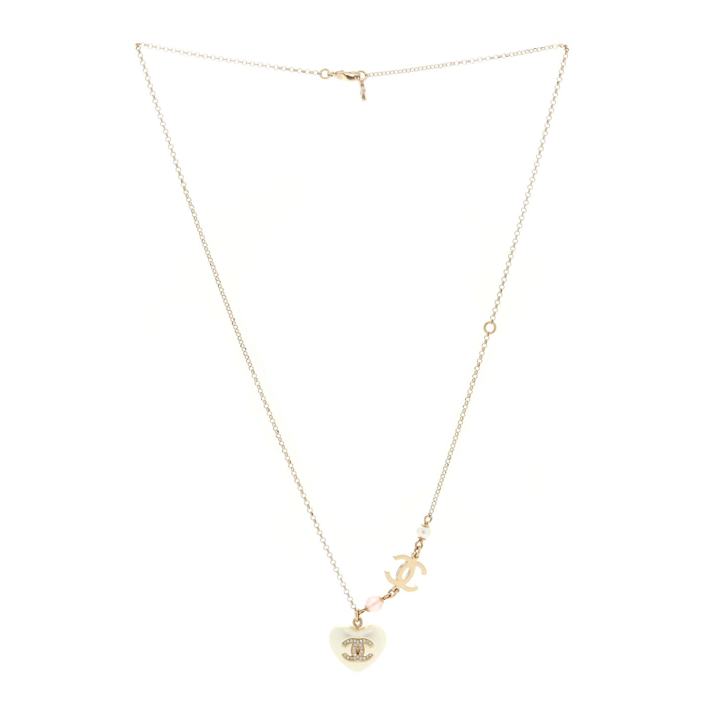 Resin Crystal CC Heart Necklace Pearly White Gold