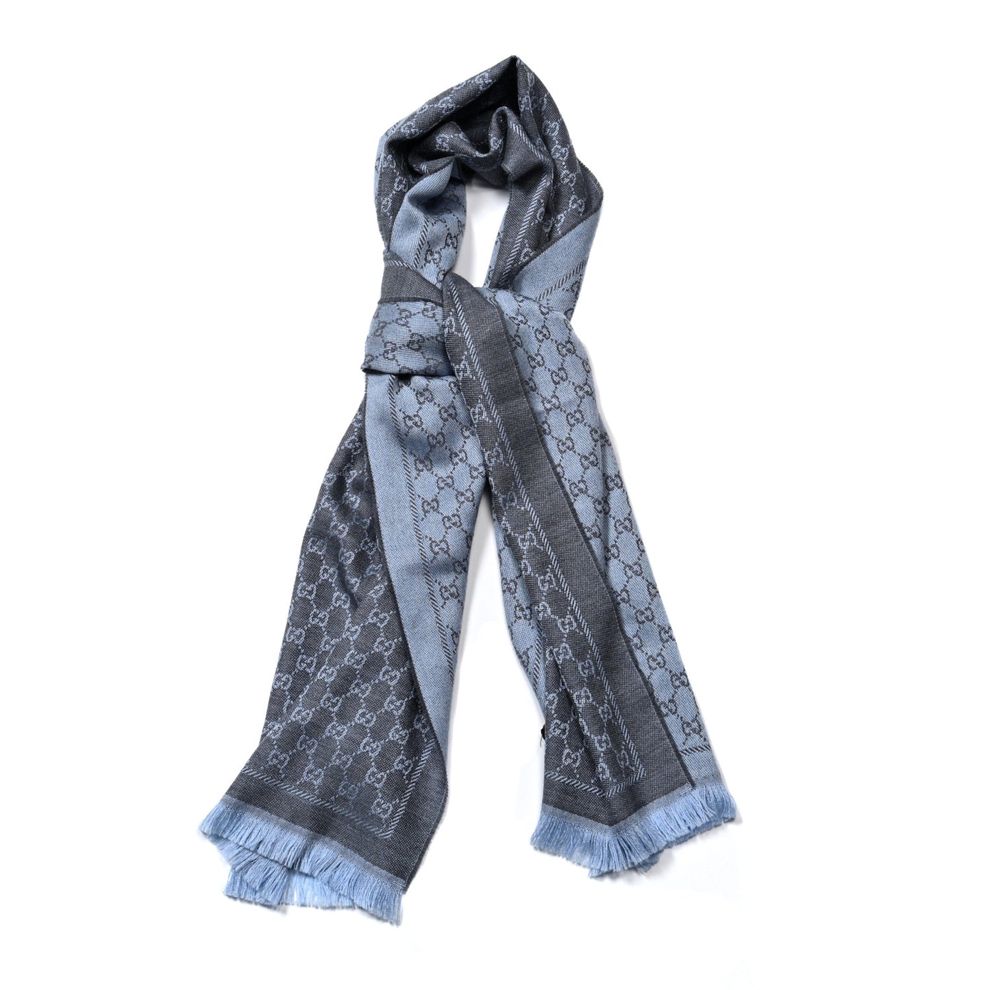 Wool GG Monogram Reversible New Sten Fringe Scarf Flannel Sky Blue