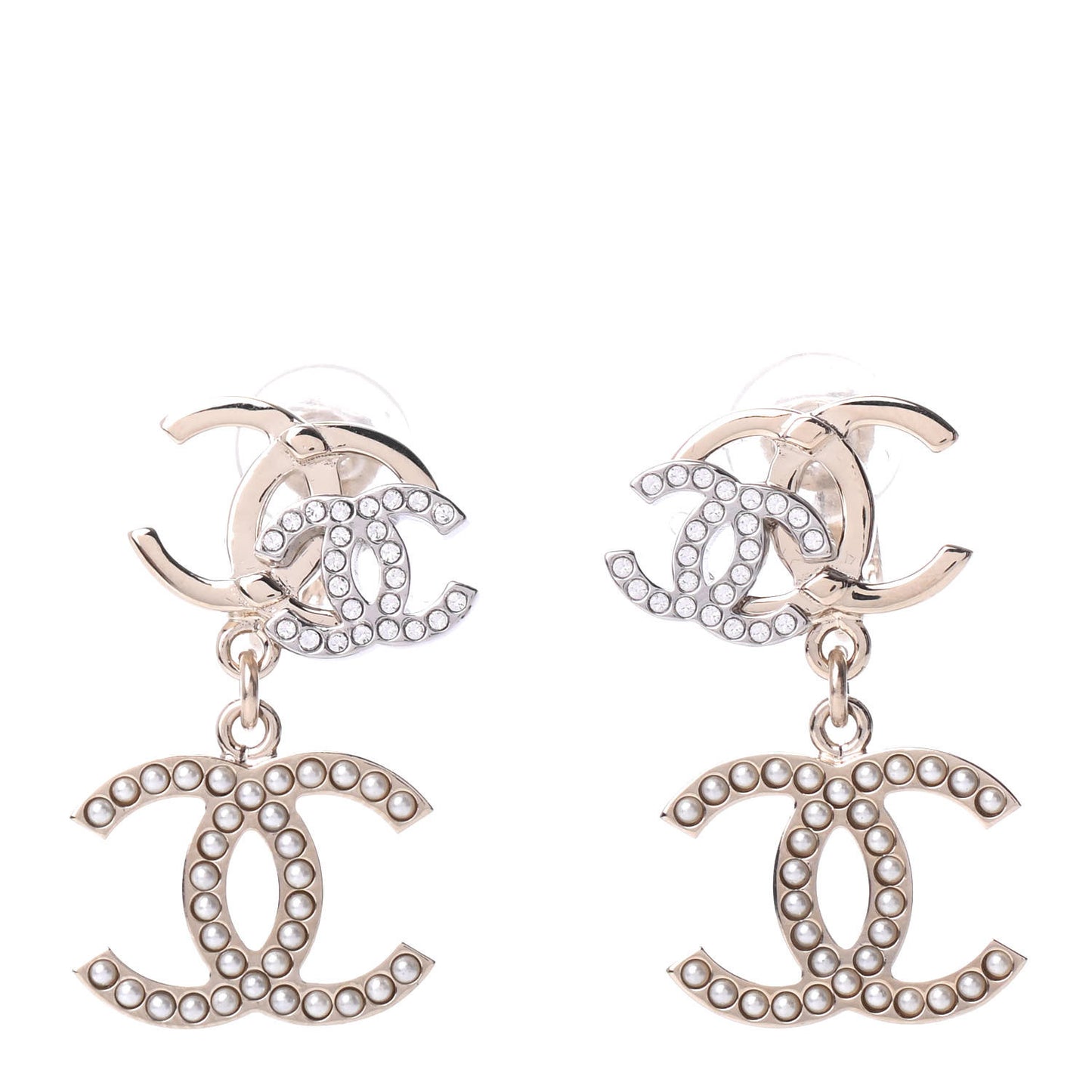Crystal Pearl Double CC Drop Earrings Gold Silver