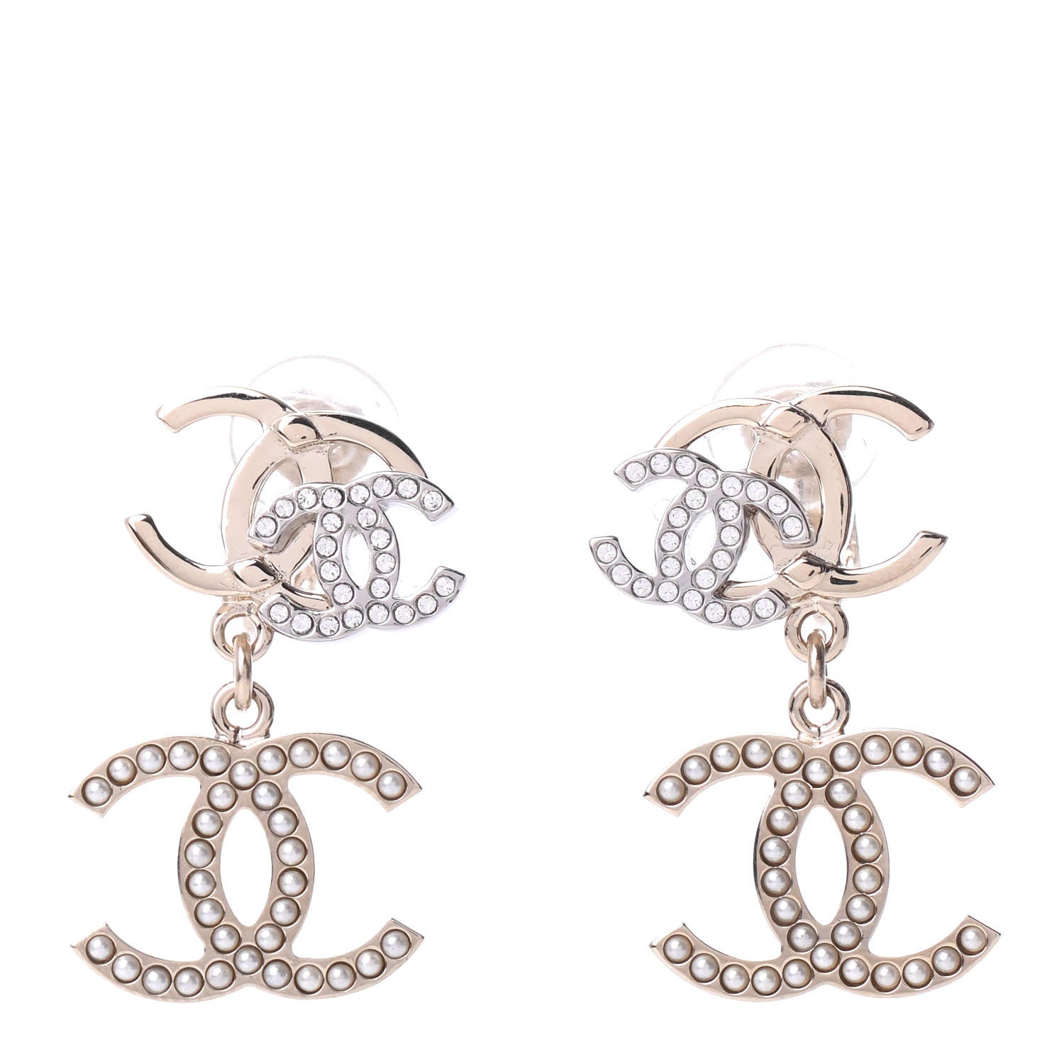Chanel Crystal Pearl Double CC Drop Earrings Gold Silver 1 of 4
