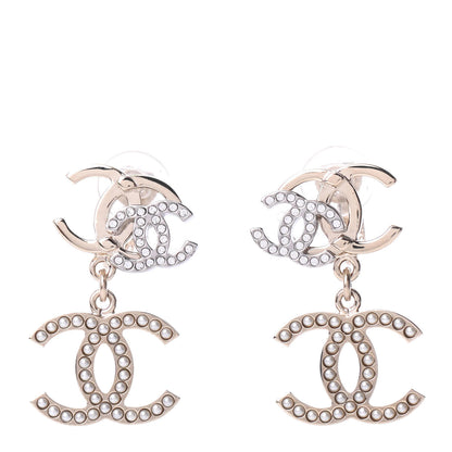 Chanel Crystal Pearl Double CC Drop Earrings Gold Silver 1 of 4