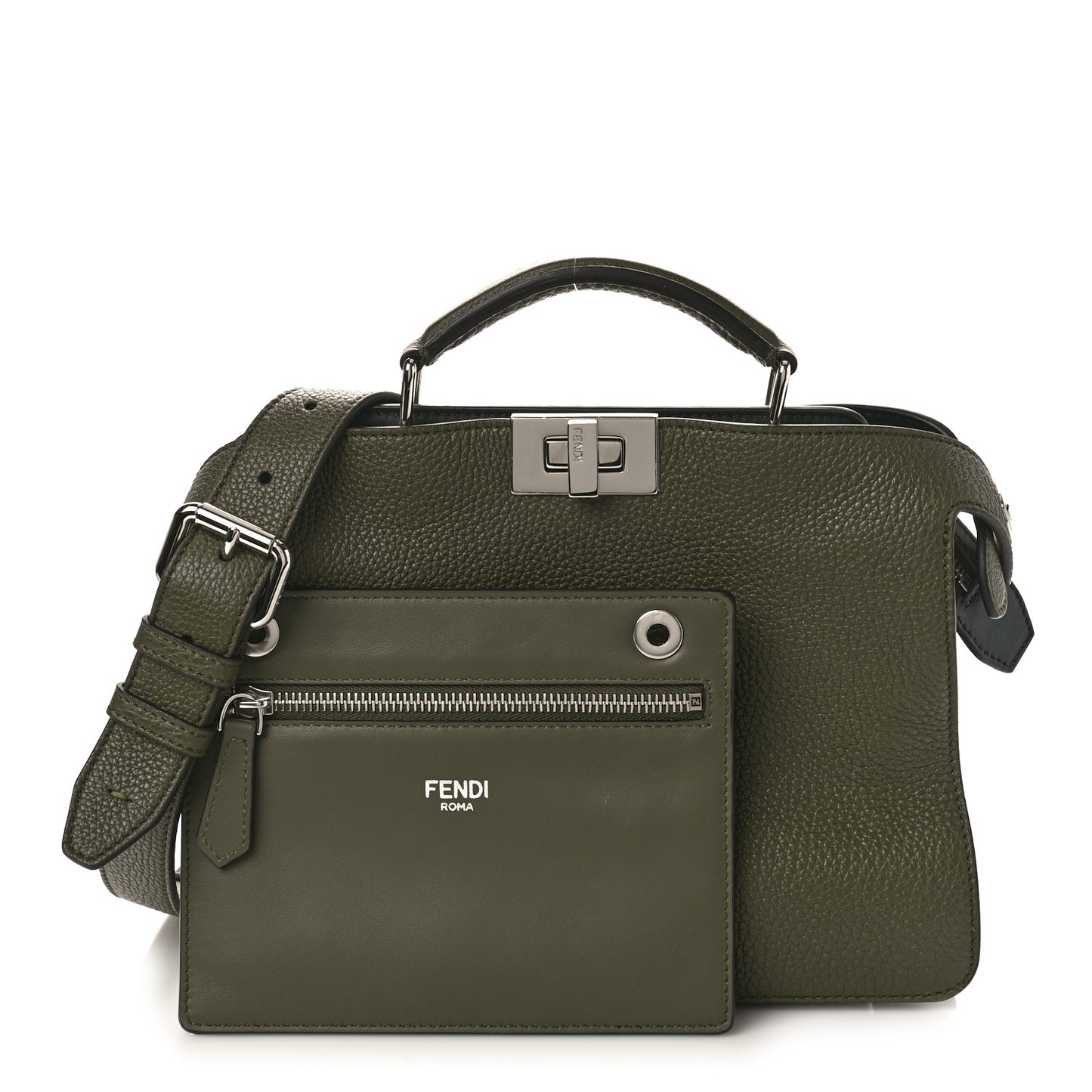 Cuoio Romano Vitello Cover Glazed Fabric Bi-Color FF 1974 Mini Peekaboo I SEE U Satchel Oliva