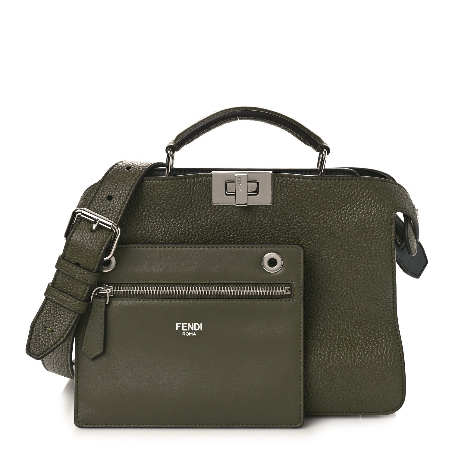 Fendi Cuoio Romano Vitello Cover Glazed Fabric Bi-Color FF 1974 Mini Peekaboo I SEE U Satchel Oliva 2 of 8