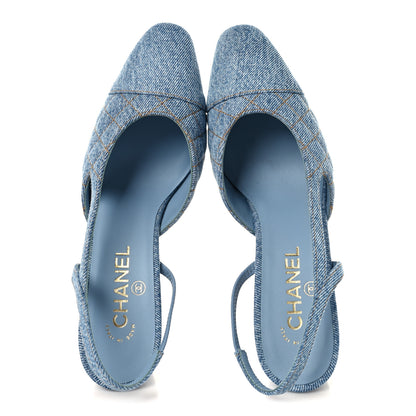 Chanel Printed Denim Cap Toe CC Slingback Pumps 39 Light Blue 2 of 10