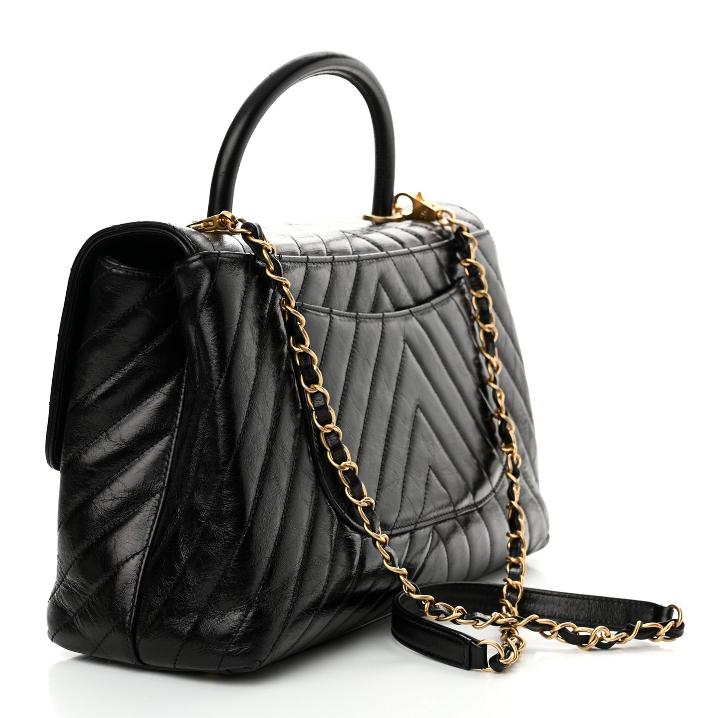Calfskin Chevron Quilted Medium Coco Handle Flap Black