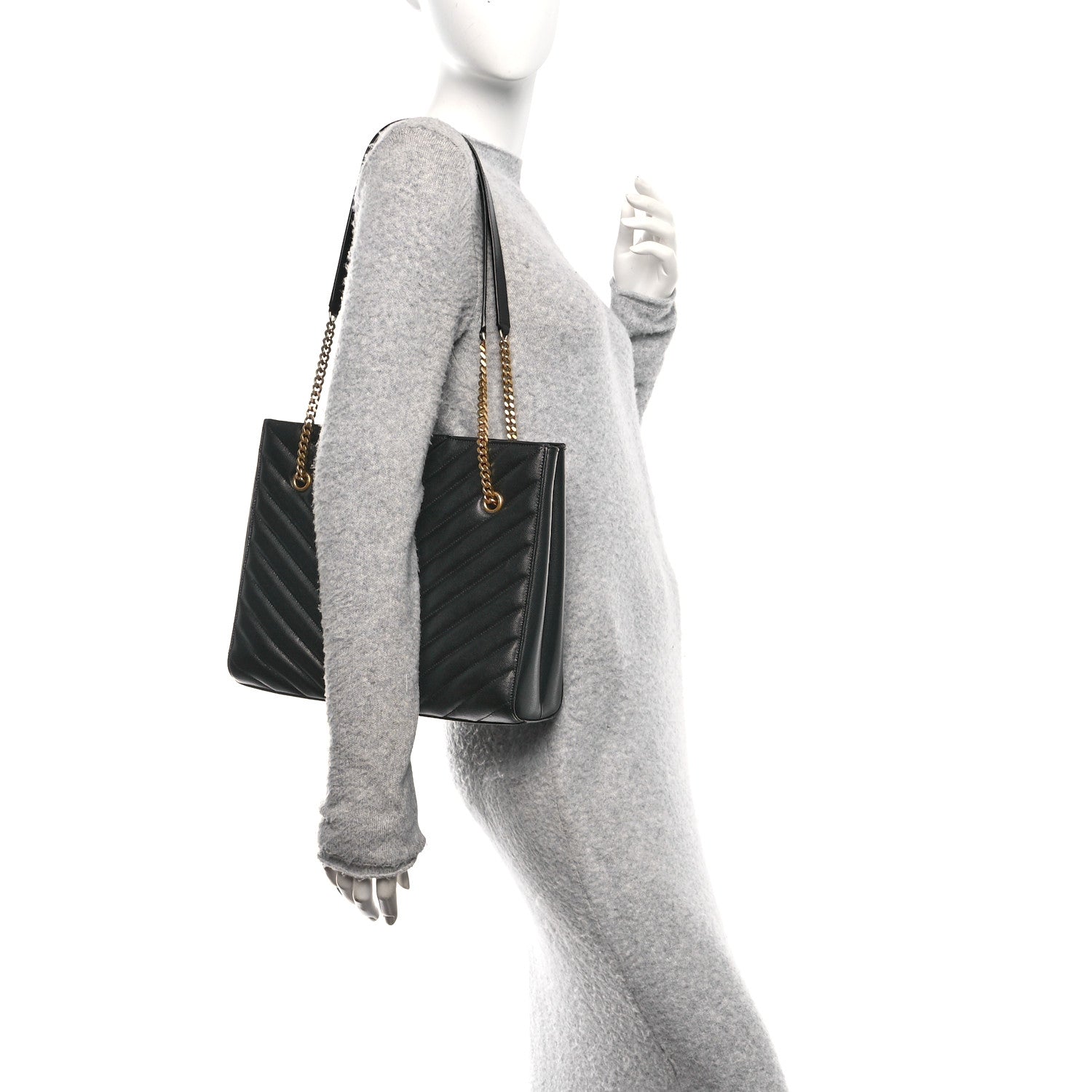 Saint Laurent Grain de Poudre Matelasse Chevron Medium Tribeca Shopping Bag Black 2 of 12