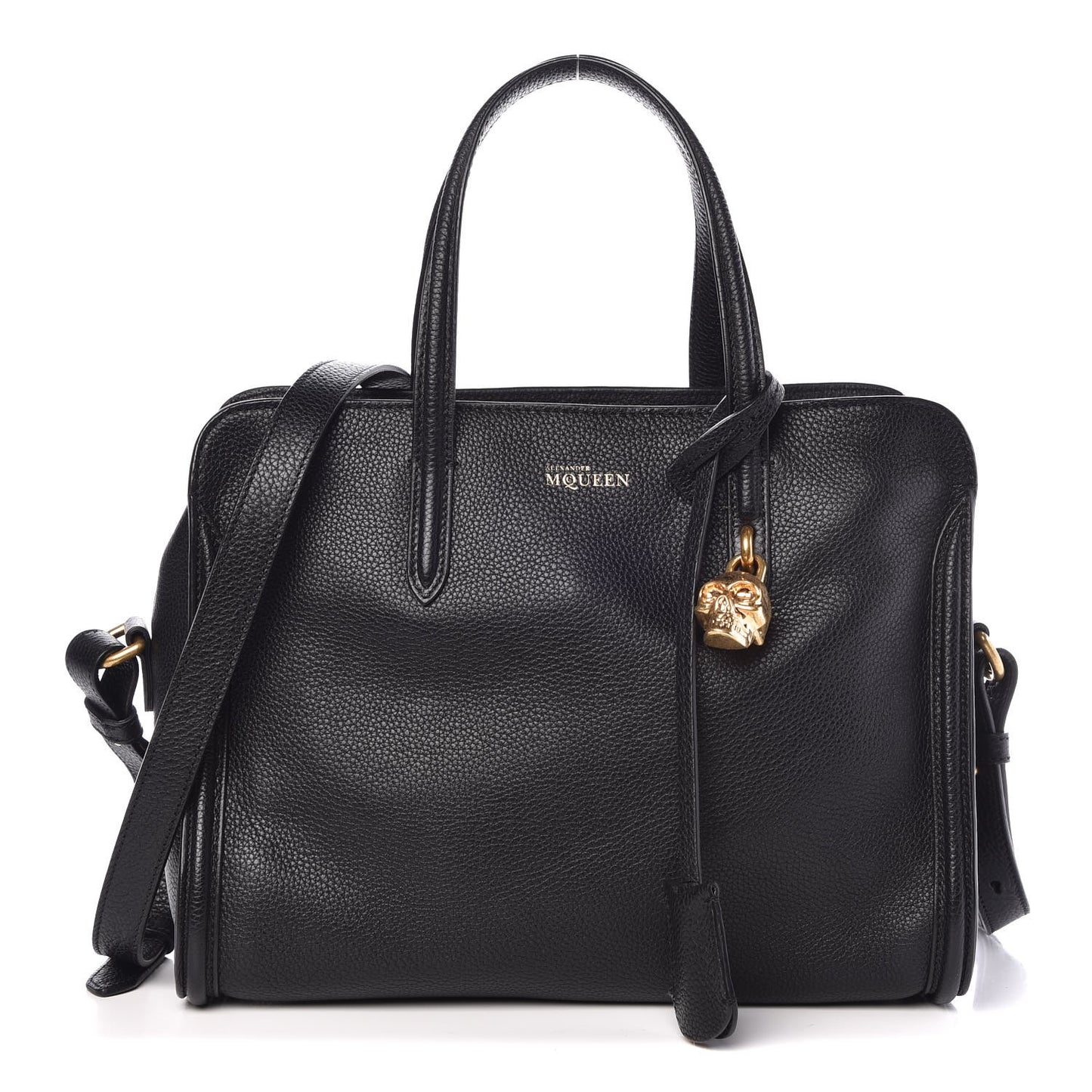 Pebbled Calfskin Small Skull Padlock Zip Around Tote Black