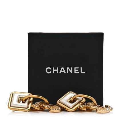 Chanel Crystal Pearl CC Square Drop Earrings Gold Pearly White 7 of 7