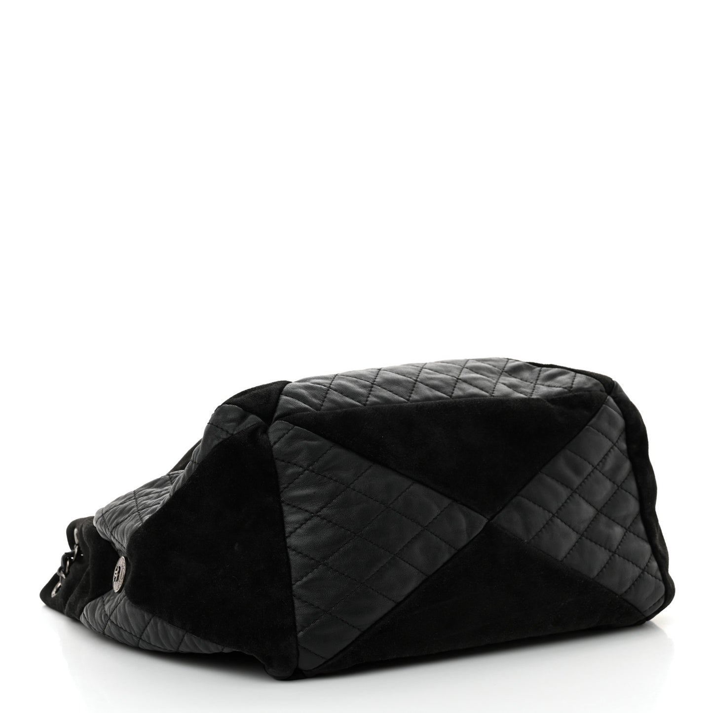 Goatskin Suede Calfskin Quilted Patchwork Drawstring Bag Black