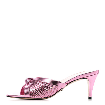Gucci Metallic Nappa Crawford Knot Mid Heel Slide Sandals 38 Rosa 1 of 4