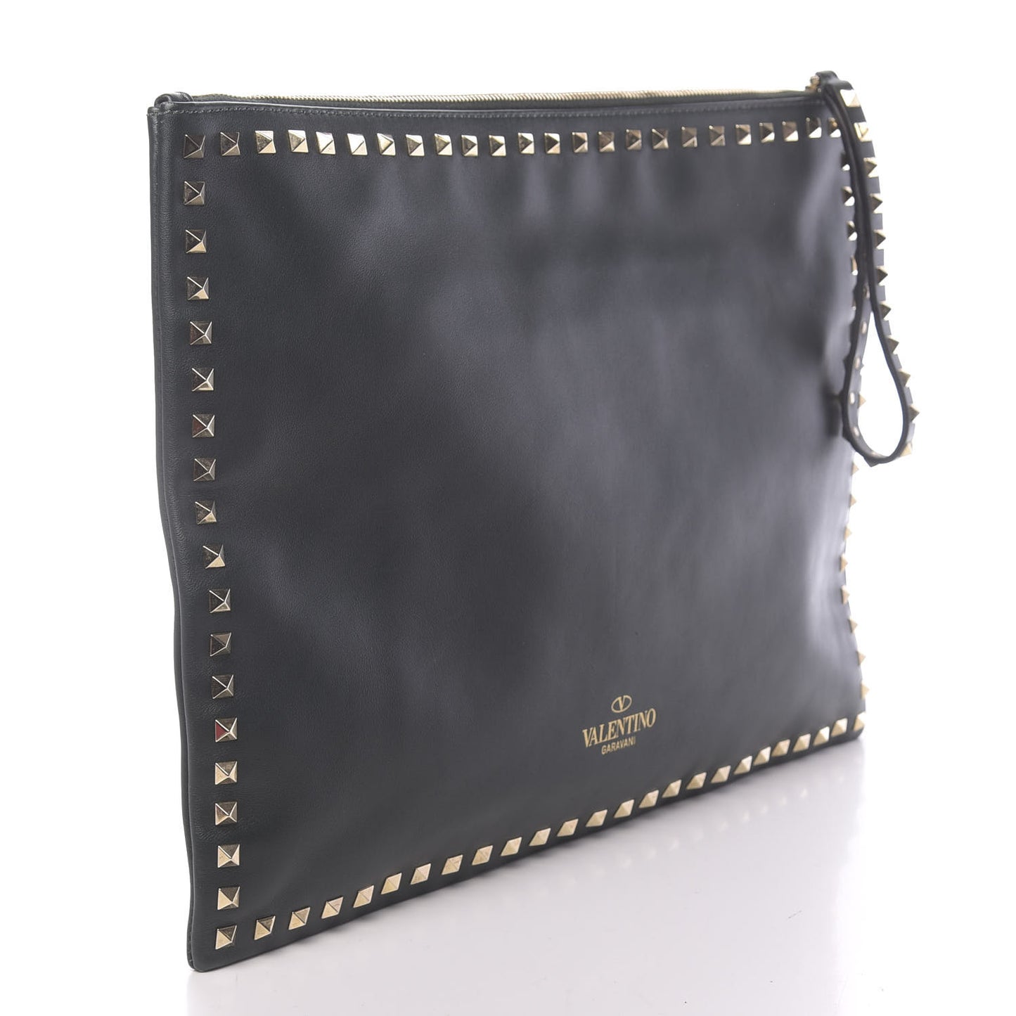 Vitello Oversized Rockstud Zip Wristlet Pouch Deep Green