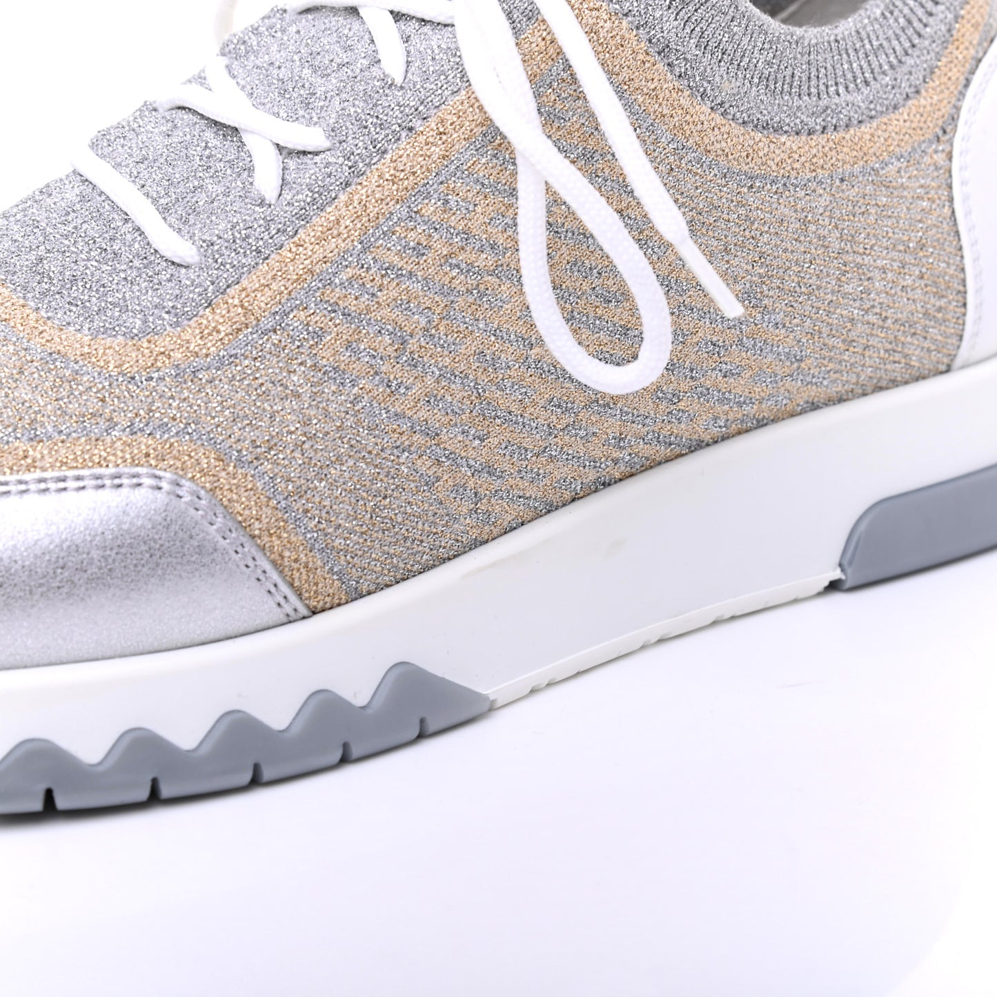 Metallic Knit Calfskin Suede Goatskin Bi-Color Womens Addict Sneakers 37 Multicolor Gris Argent