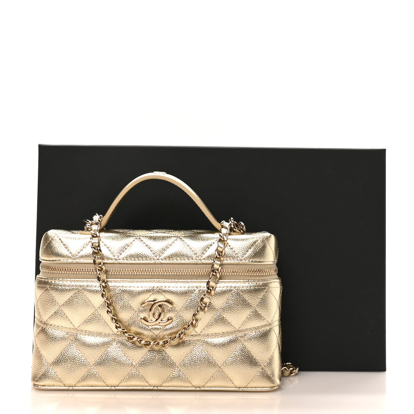 Metallic Caviar Quilted Trendy Handle Slim Vanity Gold