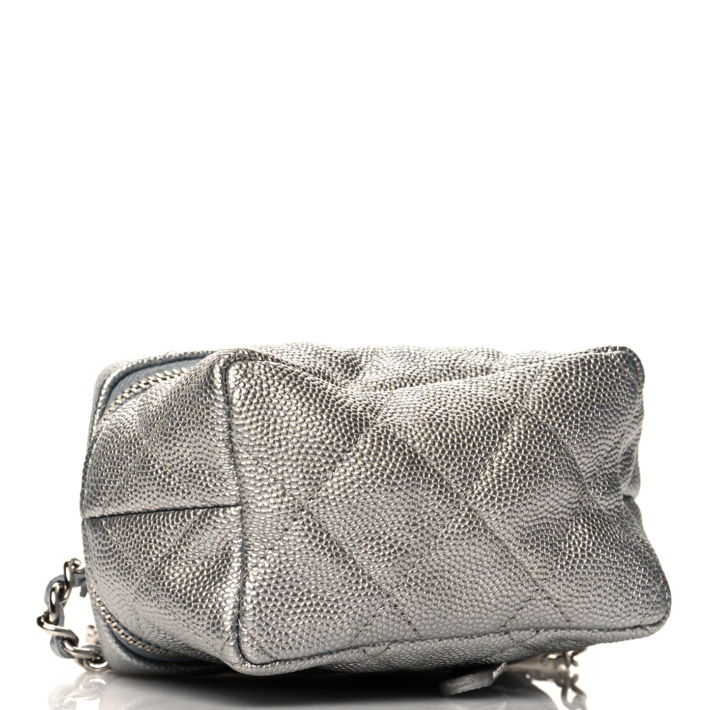 Metallic Caviar Quilted Mini Top Handle Vanity With Chain Silver