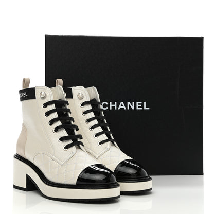 Chanel Pearly Calfskin Patent Calfskin Quilted Lace Up Boots 35 White Light Gray Black 9 of 9