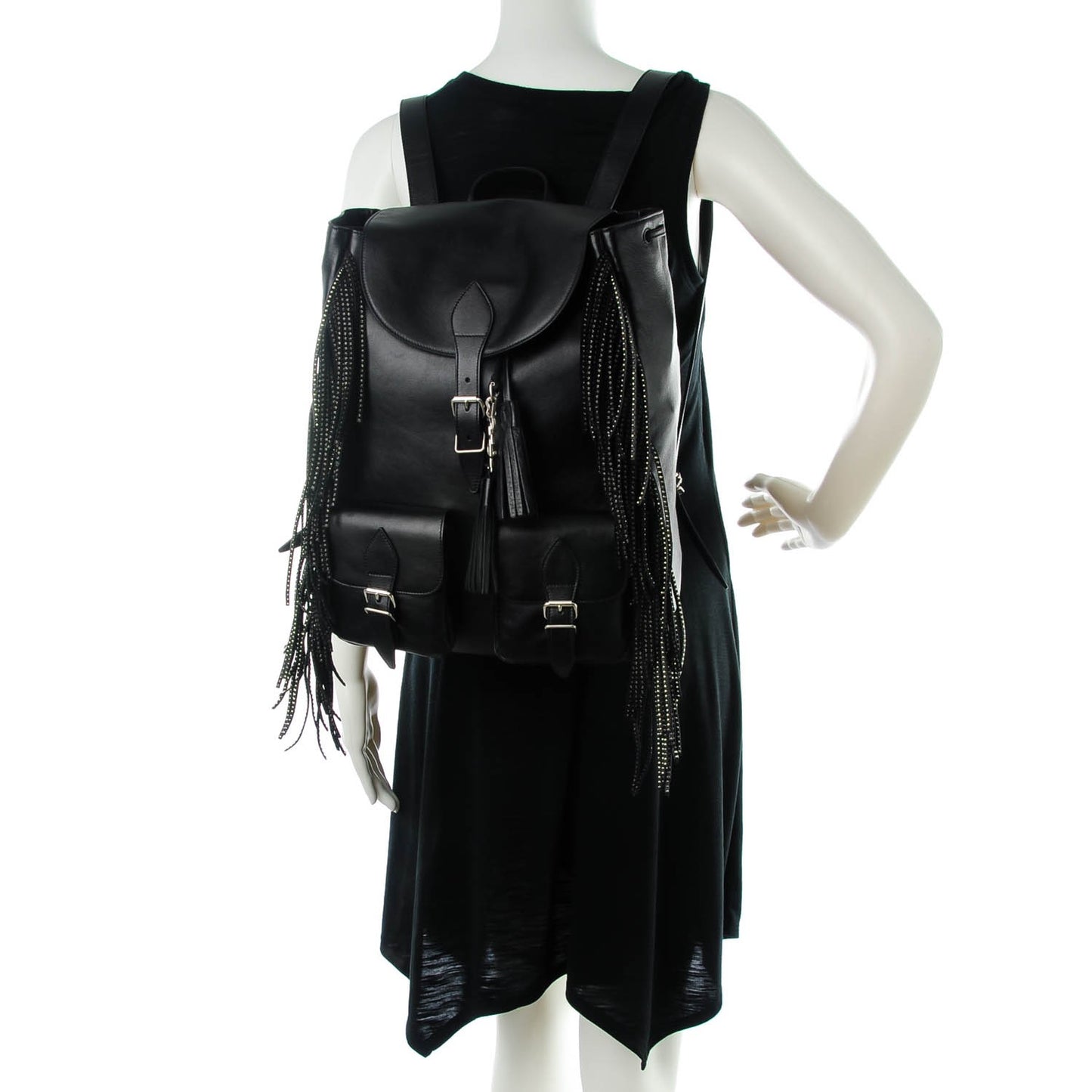 Calfskin Studded Fringed Festival Backpack Black