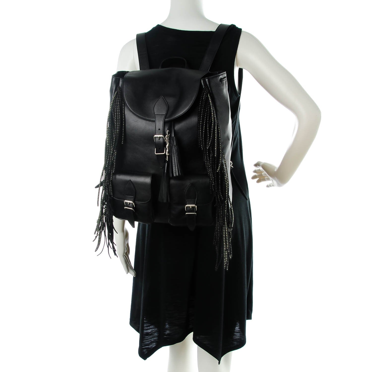 Saint Laurent Calfskin Studded Fringed Festival Backpack Black 2 of 7