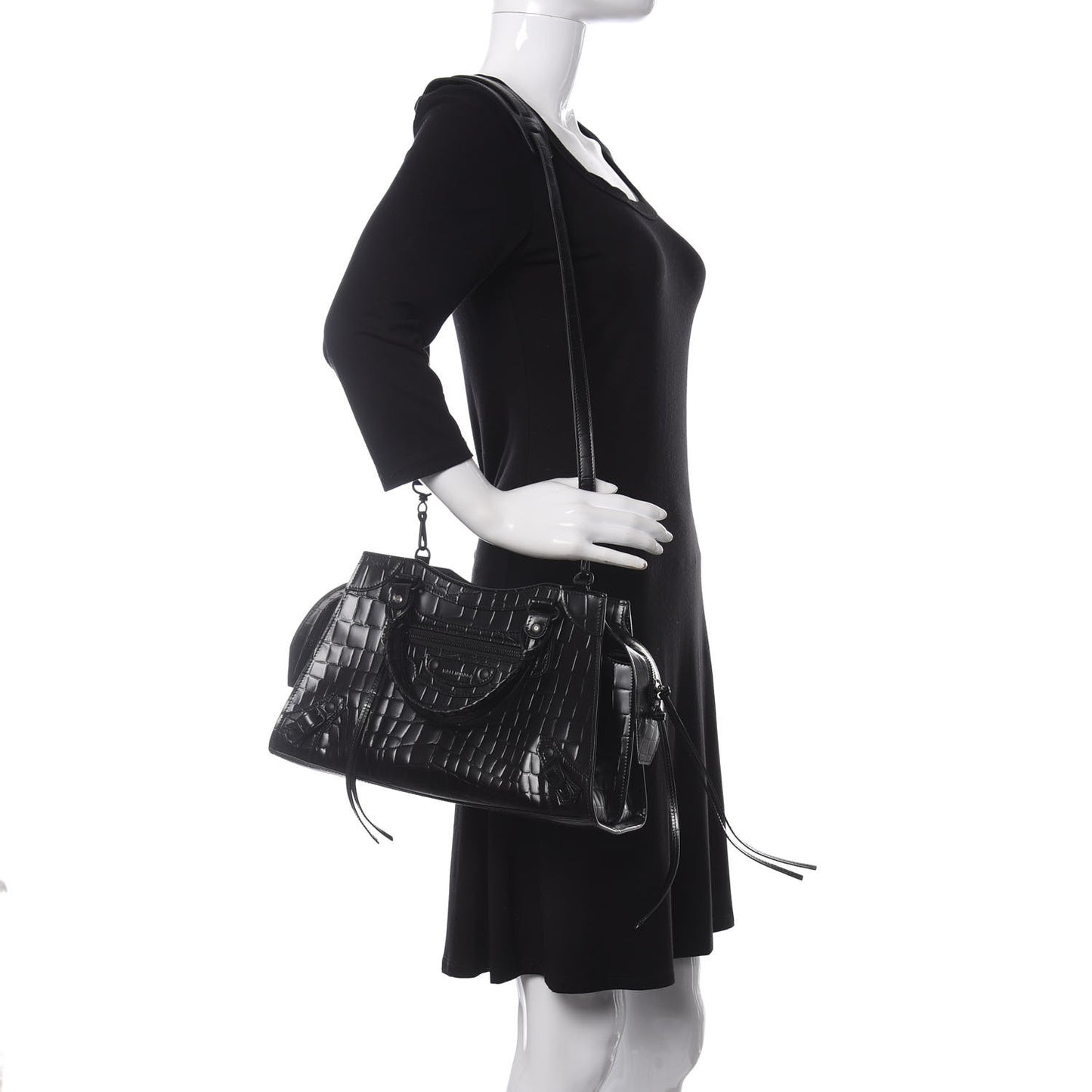 Semi Shiny Calfskin Crocodile Embossed Neo Classic Black Hardware S City Black