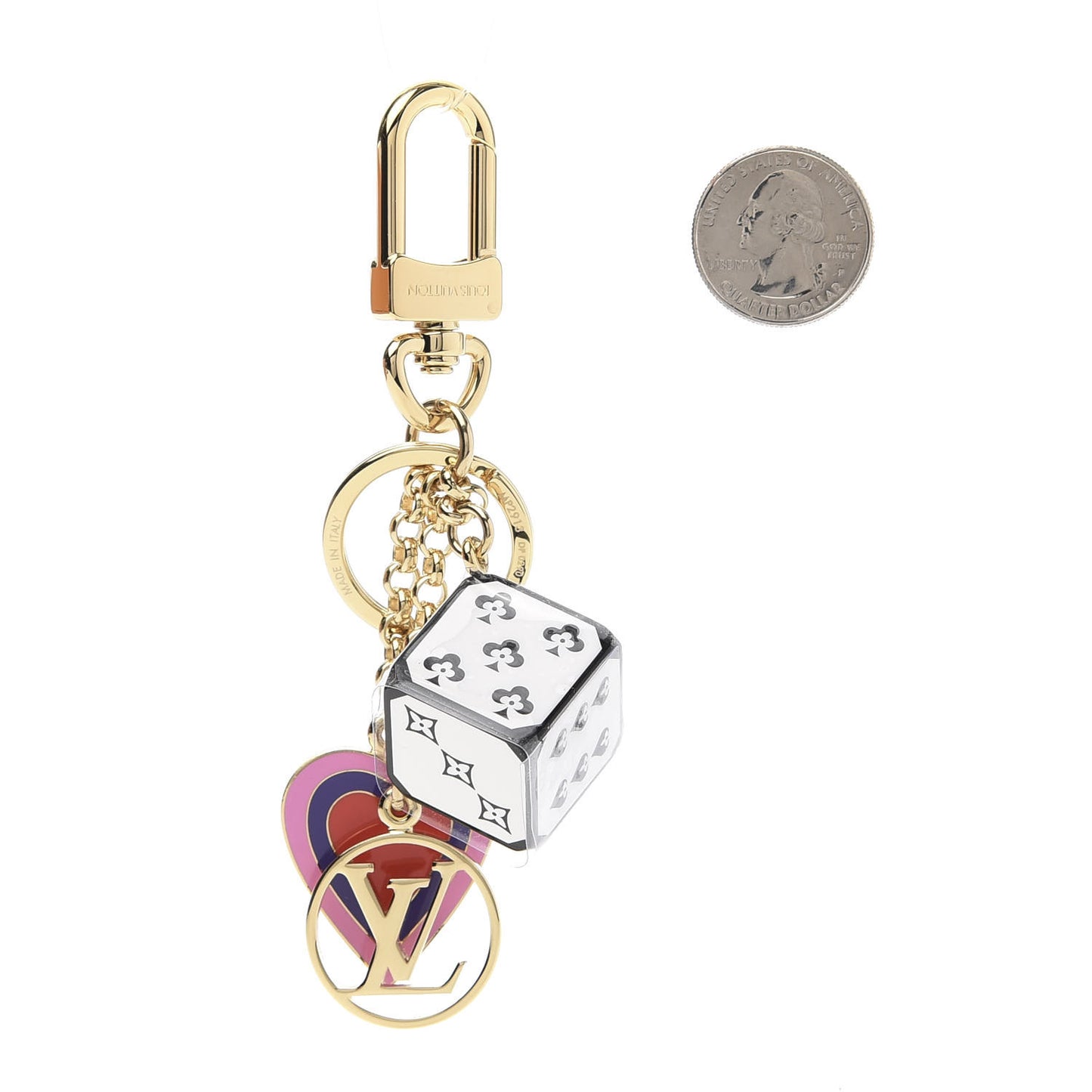 Metal Resin Game On Dice and Heart Charm Key Holder Gold