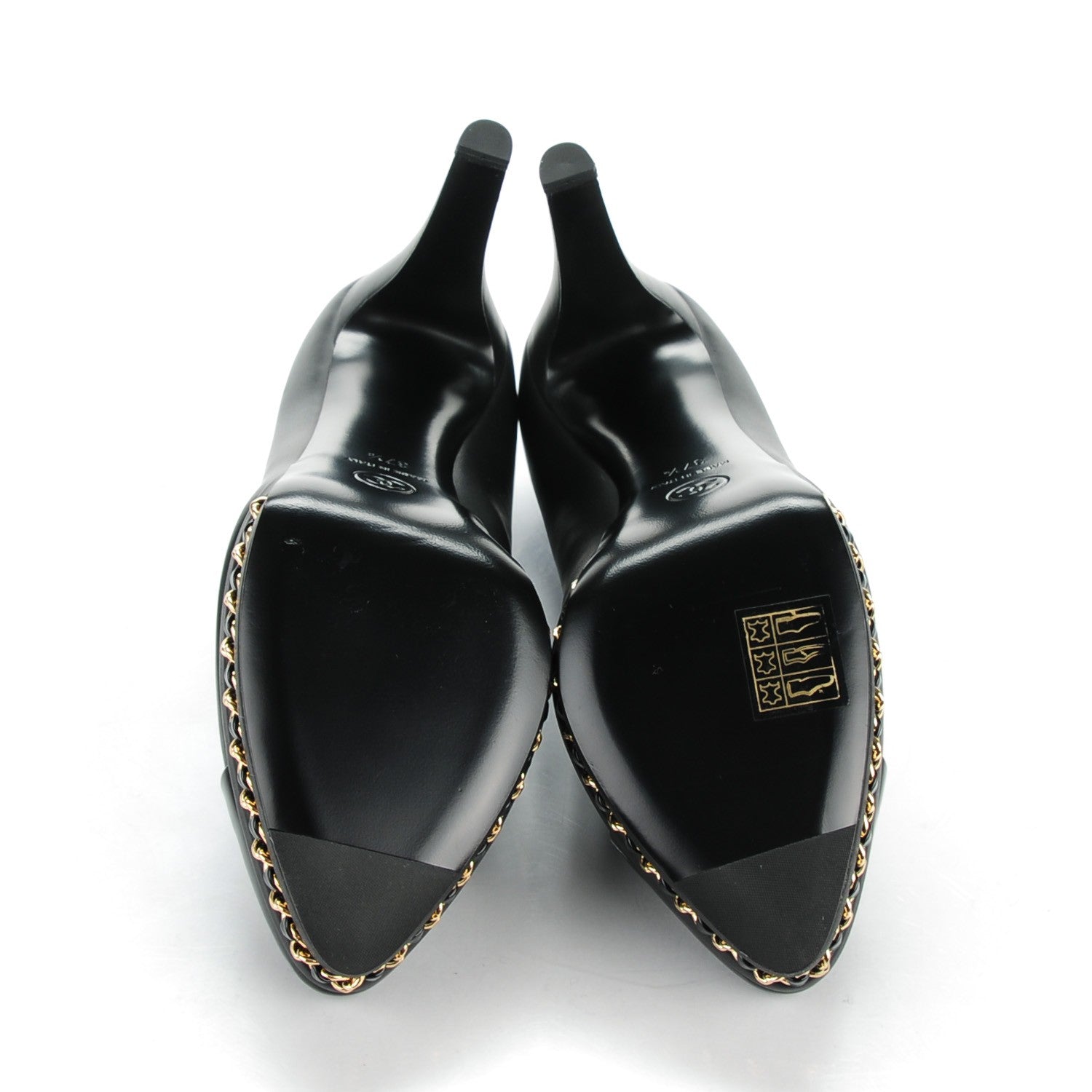Chanel Calfskin Patent Cap Toe Chain Pumps 37.5 Black 5 of 9