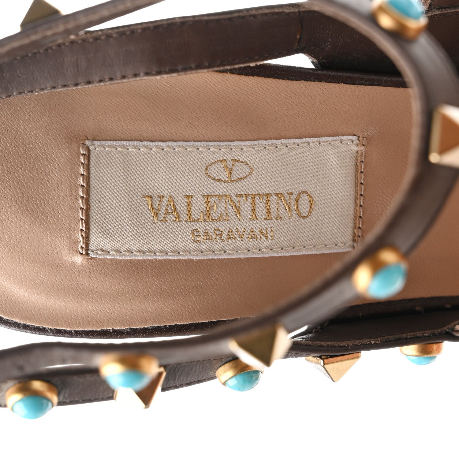 Valentino Garavani Pebbled Calfskin Turquoise Rockstud Rolling Ankle Strap 100mm Pumps 38 Cacao 9 of 10