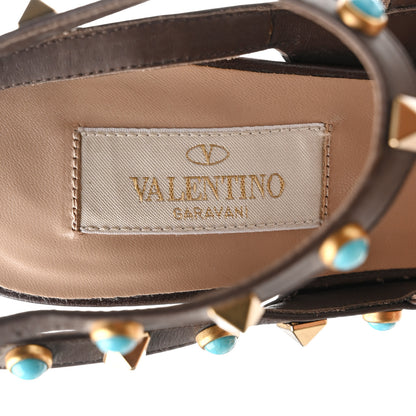 Valentino Garavani Pebbled Calfskin Turquoise Rockstud Rolling Ankle Strap 100mm Pumps 38 Cacao 9 of 10