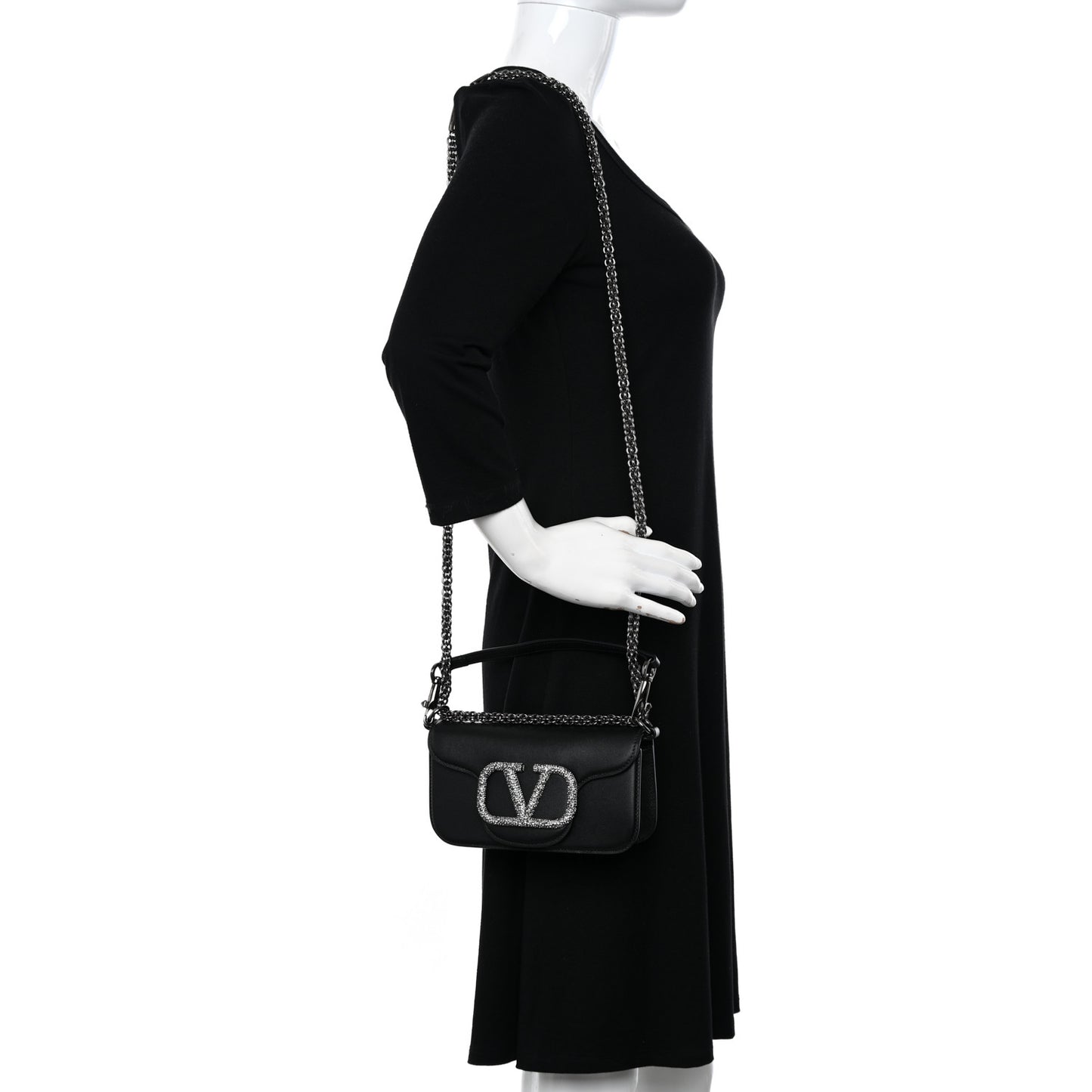 Calfskin Crystal Vlogo Small Loco Shoulder Bag Black