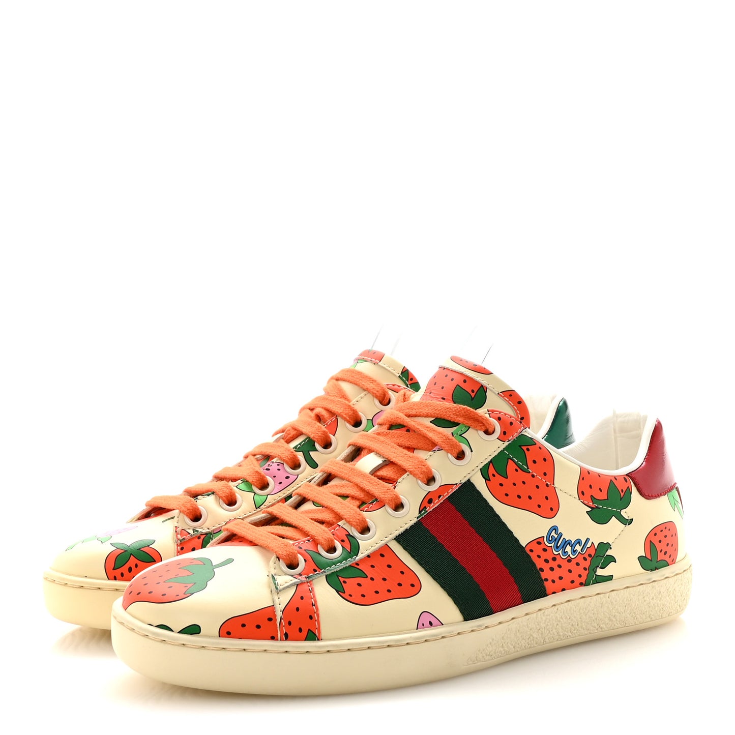 Calfskin Web Strawberry Print Womens Ace Sneakers 37 Ivory Red Green