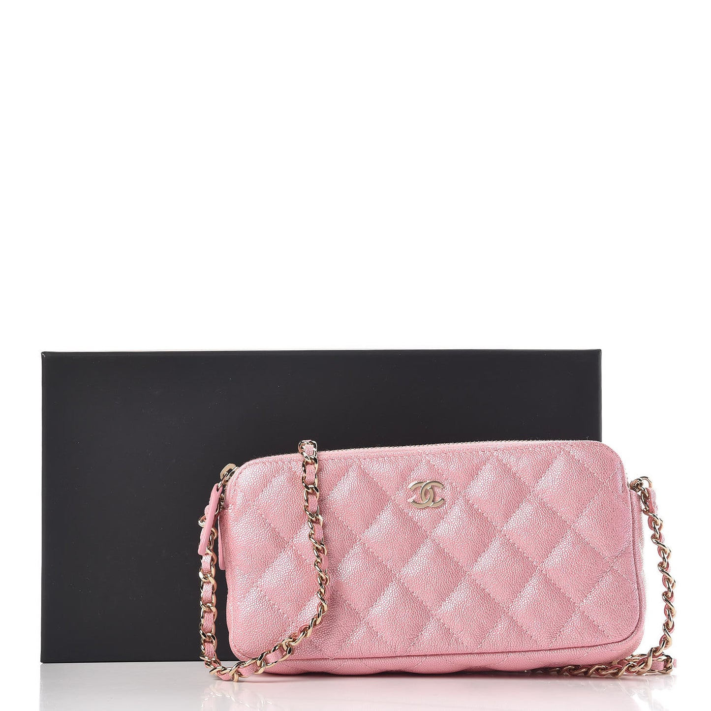 Iridescent Caviar Quilted Small Clutch With Chain Pink