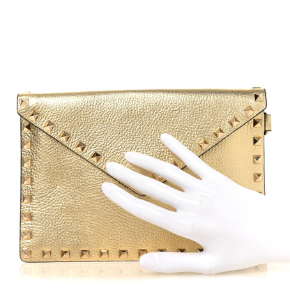Valentino Garavani Metallic Calfskin Medium Rockstud Envelope Flat Wristlet Pouch Gold 2 of 8