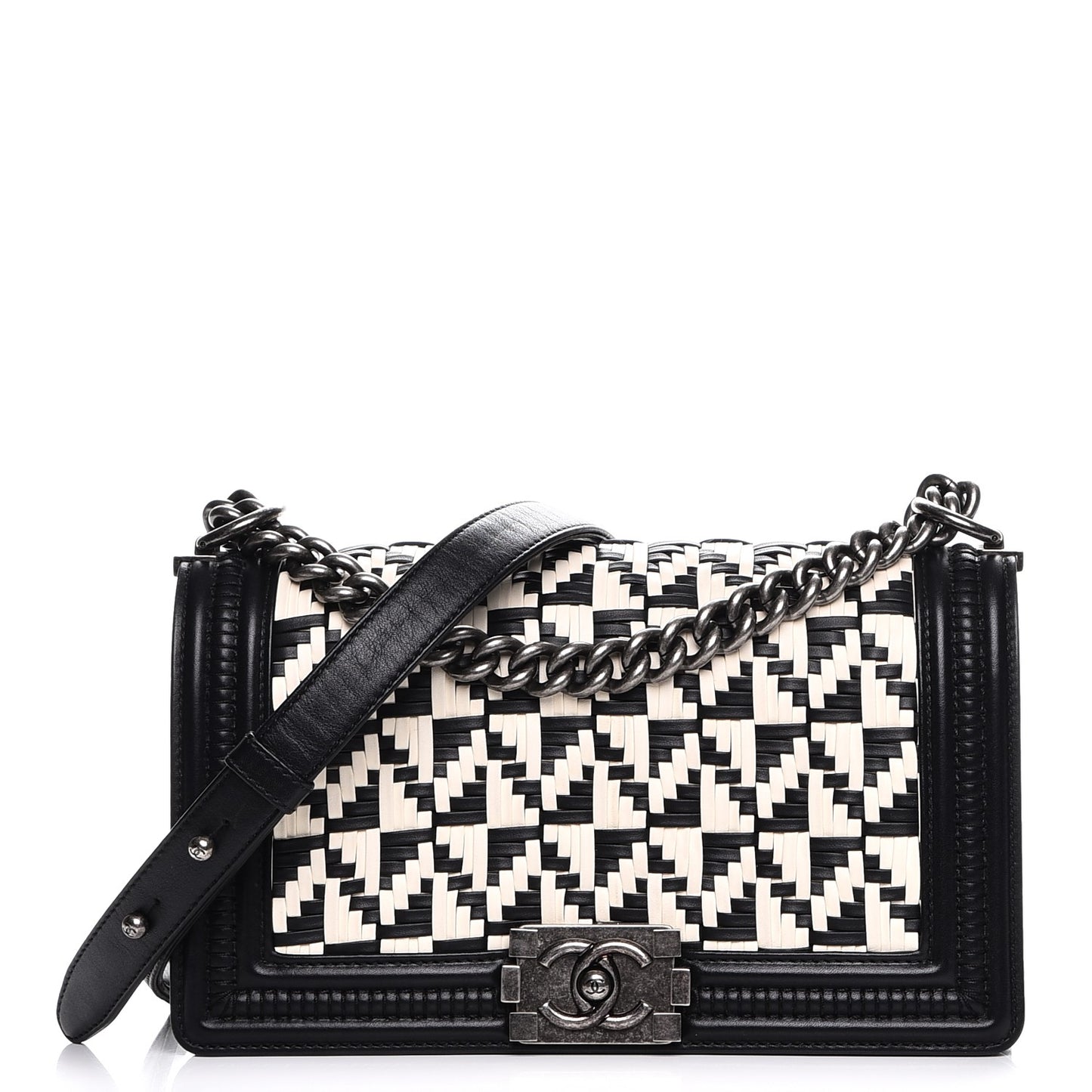Calfskin Woven Medium Boy Flap Black White