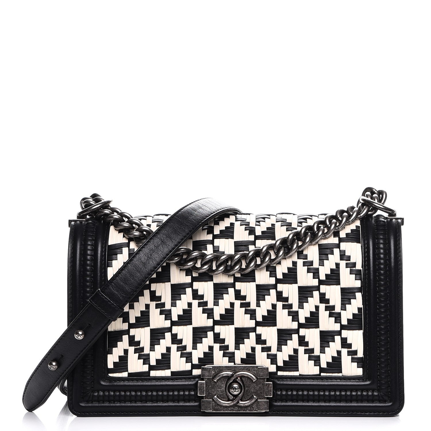 Chanel Calfskin Woven Medium Boy Flap Black White 1 of 7