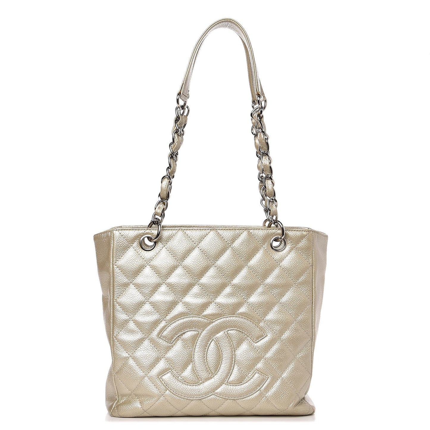 Metallic Caviar Quilted Petit Shopping Tote PST Pearl