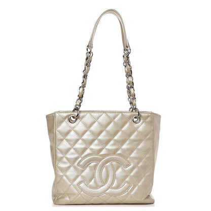 Chanel Metallic Caviar Quilted Petit Shopping Tote PST Pearl 1 of 12