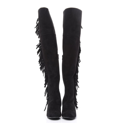Saint Laurent Suede Goatskin BB 20 Over The Knee Fringed Boots 38.5 Black 2 of 7