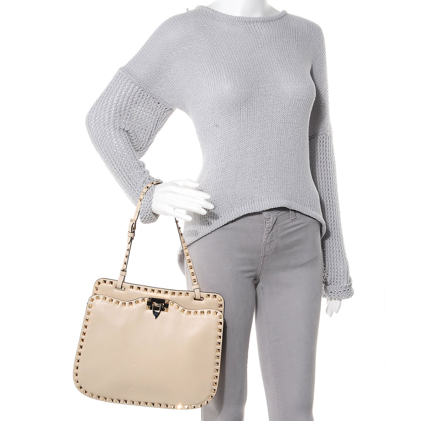 Vitello Rockstud Shoulder Satchel Ivory