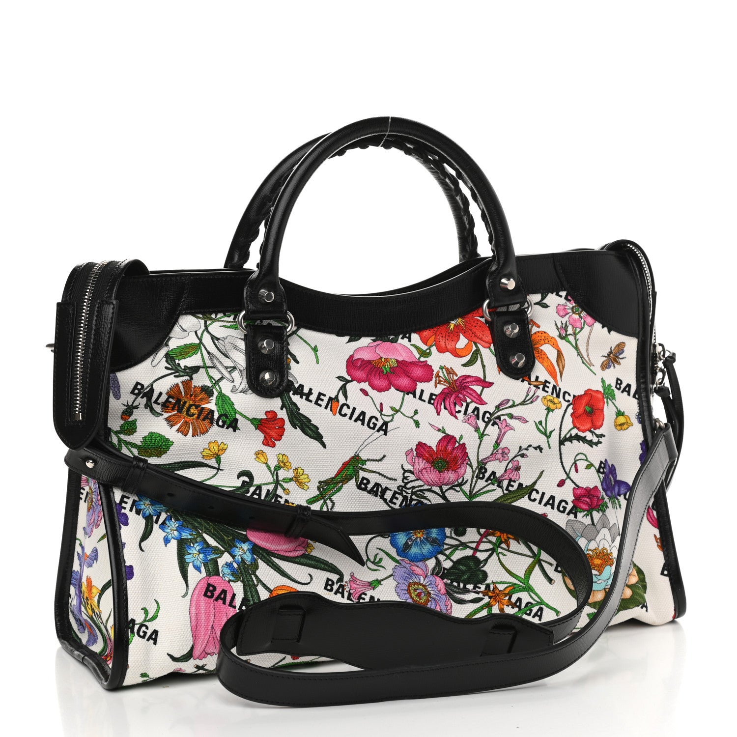 Balenciaga X GUCCI Canvas Azalea Calfskin Flora Logo Print Neo Classic Silver Hardware Medium City White Multicolor Black 3 of 10