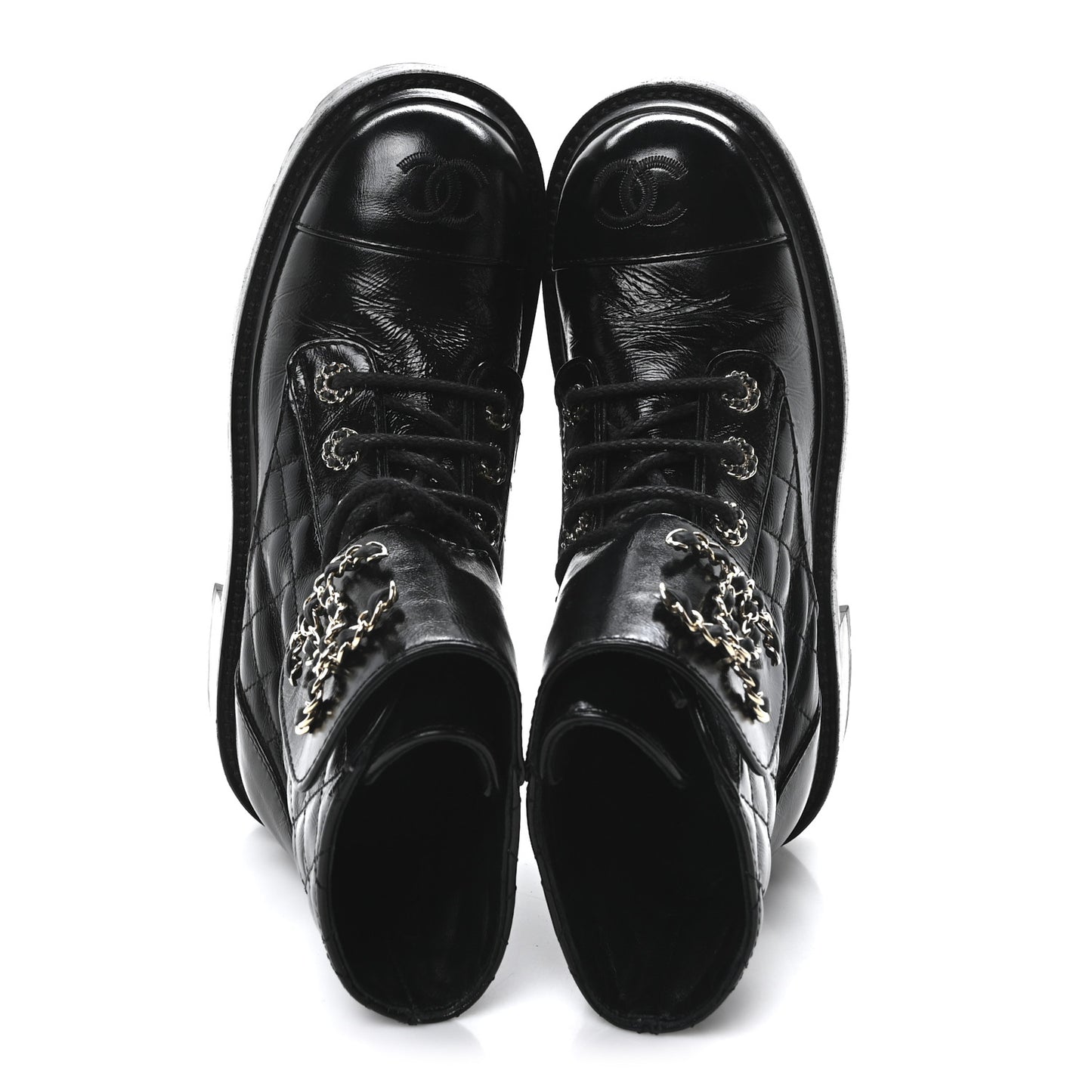 Shiny Calfskin Quilted Lace Up Combat Boots 36 Black