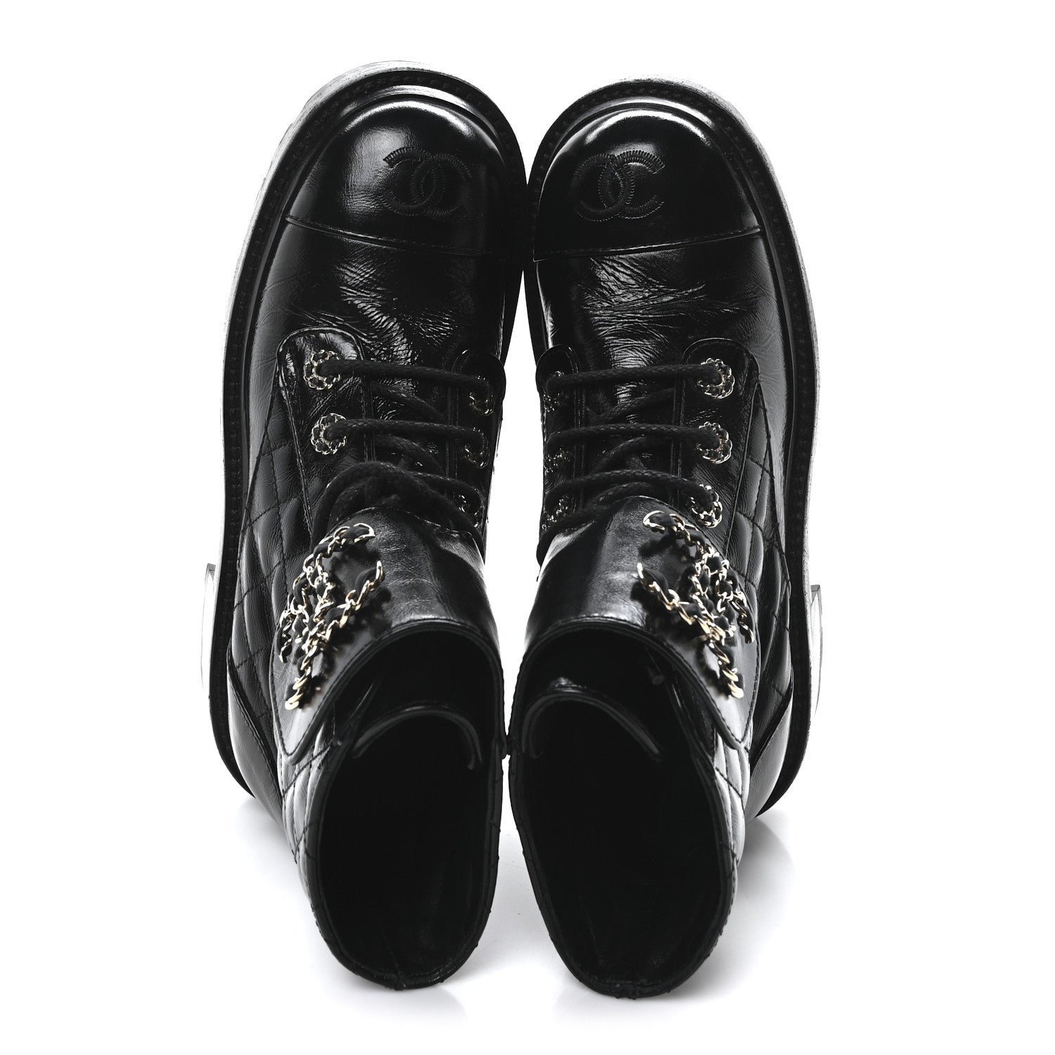 Chanel Shiny Calfskin Quilted Lace Up Combat Boots 36 Black 2 of 10